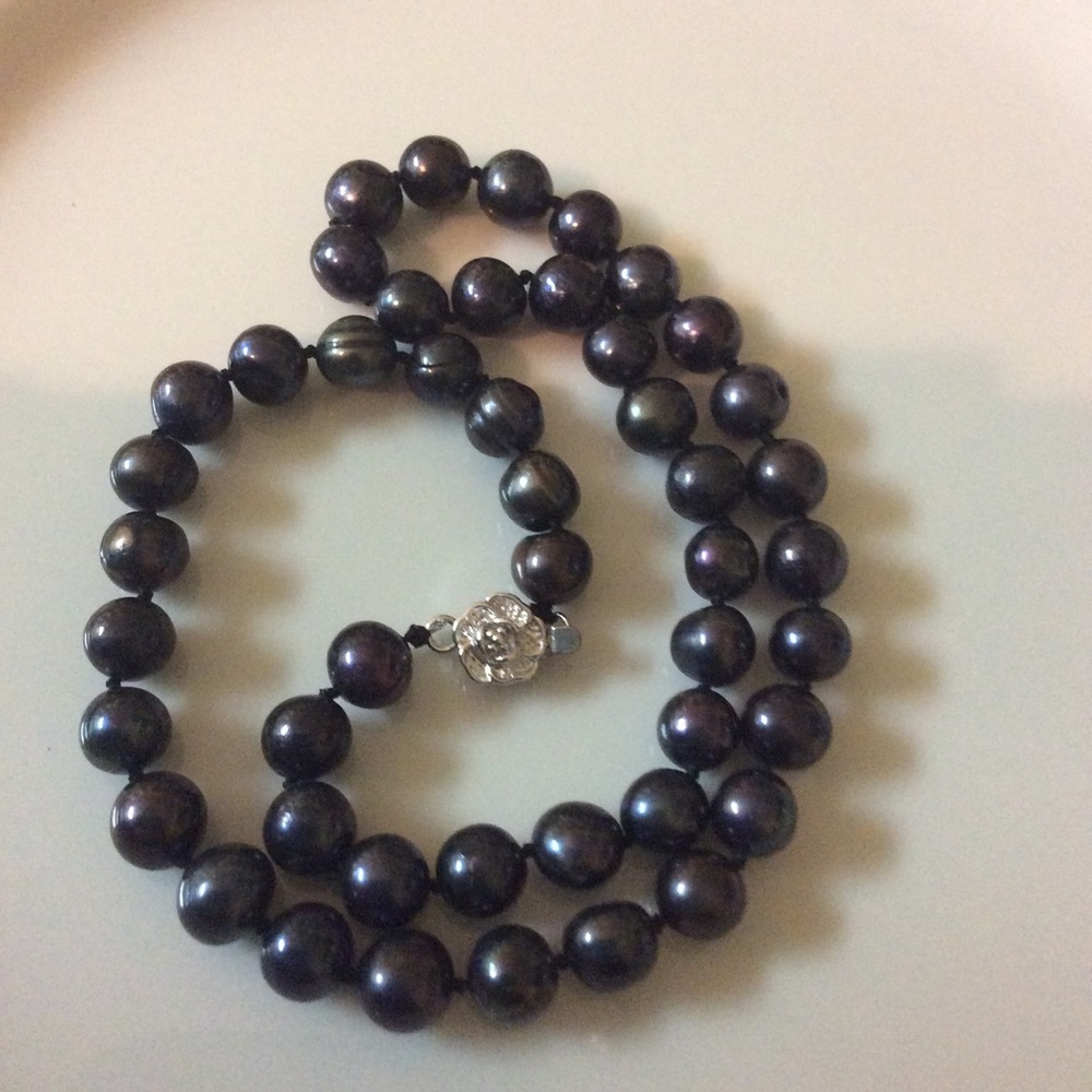 Sterling Silver Black iridescence Pearl Necklace 925 - Picture 3 of 12